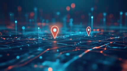 Poster - Digital map with location pins, glowing network connections, futuristic technology