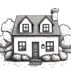 Poster - Simple handdrawn black and white drawing of a house with windows a door and a chimney set on a white background perfect for kids to color and explore home designs