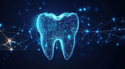 Poster - Digital tooth hologram with network connections and glowing effects