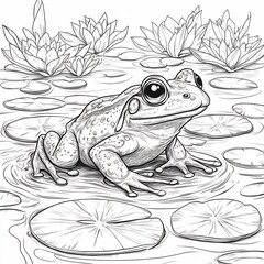 Poster - Simple handdrawn black and white illustration of a friendly frog jumping on lily pads perfect for kids to color and enjoy pond life