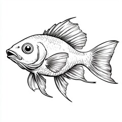 Poster - Simple handdrawn black and white outline of a fish with clear details and a white background perfect for kids to color and learn about aquatic life