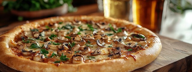 mushroom pizza on dark background. health-conscious alternative with sustainable, environmentally friendly ingredients. banner