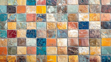 A mosaic tile wall of various colors and patterns.