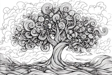 Poster - Stunning abstract tree design featuring intricate patterns and swirls crafted as a vector illustration for adult coloring book pages handdrawn in black and white for a calming artistic experience