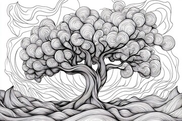 Poster - Stunning abstract tree design featuring intricate patterns and swirls crafted as a vector illustration for adult coloring book pages handdrawn in black and white for a calming artistic experience