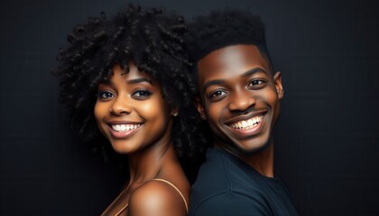 Smiling young couple with natural hair poses together against a black background in a cheerful and vibrant manner