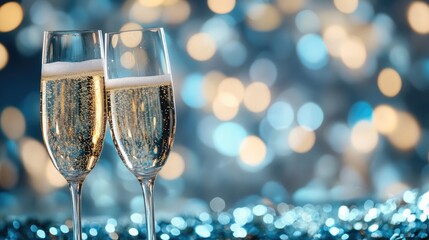 Champagne and blue bokeh create a festive atmosphere for a New Year s Eve celebration background