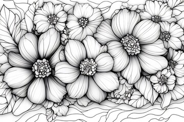 Poster - Unique black and white floral doodle pattern combining zentangle art styles with abstract shapes and curves ideal for a coloring book promoting mindfulness and creativity in art