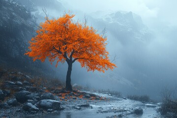 Poster - Solitary Orange Tree in a Foggy, Rainy Mountain Landscape