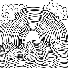 Poster - Unique handdrawn black and white outline of a colorful rainbow stretching across the sky perfect for kids to color and learn about colors