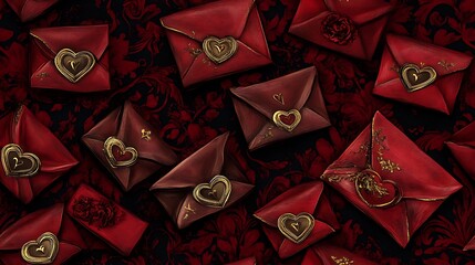 Poster - Digital pattern featuring love letters and envelopes, heart seals with gold accents, deep red background, romantic and luxurious vibe, intricate details, hd quality, repeating design.