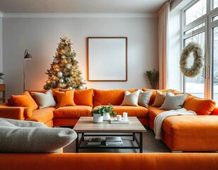 Wall Mural - A modern living room with a large orange sofa, a Christmas tree decorated with lights, and a blank framed wall art in the background, mockup balnk white frame.