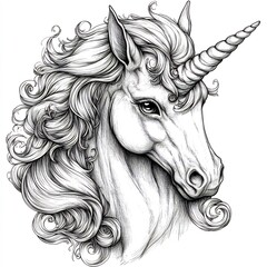 Poster - Unique handdrawn black and white outline of a magical unicorn with a flowing mane designed for kids to color and explore fantasy worlds