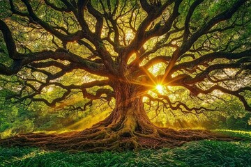 Wall Mural - Majestic Oak Tree With Sunlight Streaming Through Its Branches