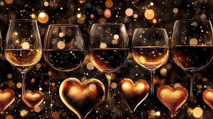 Sticker - Digital pattern featuring wine glasses and heart-shaped bubbles, gold and rose gold accents on a dark background, metallic sheen, luxurious appearance, hd quality, glossy finish, seamless repetition.