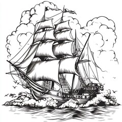 Poster - Unique handdrawn black and white outline of a pirate ship sailing on the high seas perfect for kids to color and explore adventurous tales