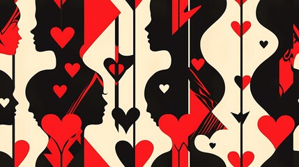 Canvas Print - Geometric pattern of Cupid silhouettes with heart-shaped arrows, sharp lines, contrasting red and black color scheme, abstract style, repeating perfectly, bold and edgy look, modern design,