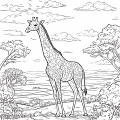 Fototapete - Unique handdrawn black and white outline of a majestic giraffe standing tall in the savannah perfect for kids to color and learn about African wildlife