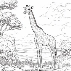 Poster - Unique handdrawn black and white outline of a majestic giraffe standing tall in the savannah perfect for kids to color and learn about African wildlife