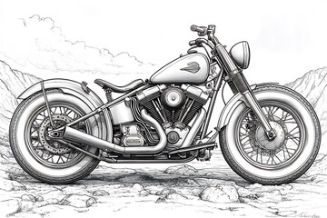 Poster - Vintage motorcycle depicted black white line art with detailed contours and a clean white background Ideal for a coloring page or drawing book this handdrawn illustration invites artistic expression