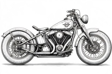Poster - Vintage motorcycle depicted black white line art with detailed contours and a clean white background Ideal for a coloring page or drawing book this handdrawn illustration invites artistic expression