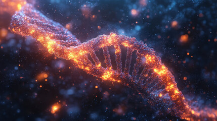 Poster - Glowing DNA Strand in Cosmic Space - 3D Illustration of Genetic Science Concept