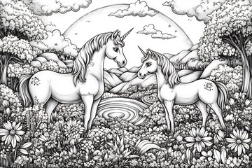 Poster - Whimsical black and white handdrawn coloring page for kids showcasing a fantasy landscape with unicorns rainbows and flowers perfect for bringing magic to life with color