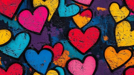 Wall Mural - Graffiti-style lace heart motifs, vibrant colors on an urban street background, spray paint textures, bold and youthful appearance, hd quality, seamless design. --ar 16:9 --tile