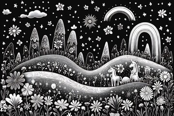 Poster - Whimsical black and white handdrawn coloring page for kids showcasing a fantasy landscape with unicorns rainbows and flowers perfect for bringing magic to life with color