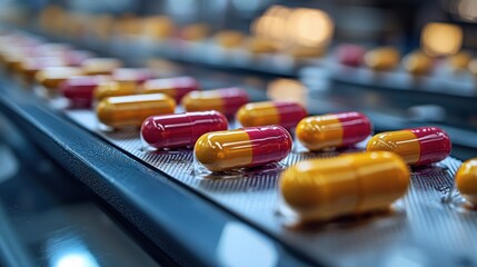 Production line for red and yellow capsules at a pharmaceutical manufacturing facility in the early afternoon hours