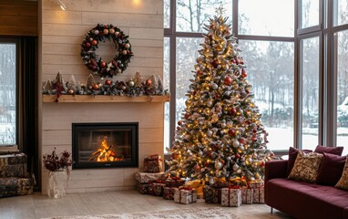 cozy room fireplace christmass tree with decorations toys and lights professional photo