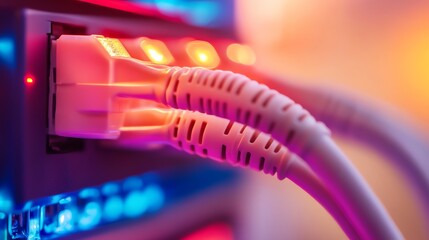 Close-up of ethernet cables connected to a network switch.