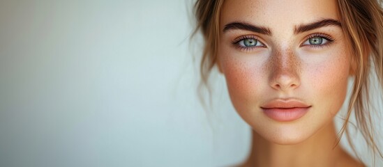 Canvas Print - Close-up portrait beautiful woman, striking blue eyes, flawless skin, natural makeup