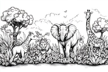 Poster - Whimsical cartoon scene featuring a group of safari animals including elephants lions and giraffes designed as a coloring page with black and white handdrawn details for kids to color