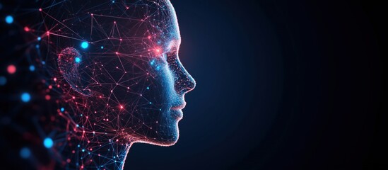 Poster - Digital human face silhouette with neural network connections and glowing nodes