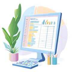 Poster - Modern Office Desktop with Computer  Charts  and Plants