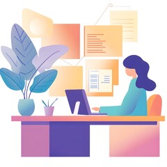 Poster - Woman Working at Desk with Computer and Notes