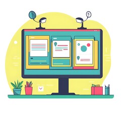 Poster - Modern Workspace with Computer  Plants  and Supplies