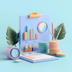 Poster - 3D Pastel Business Chart With Clock  Pencils  and Palm Leaves