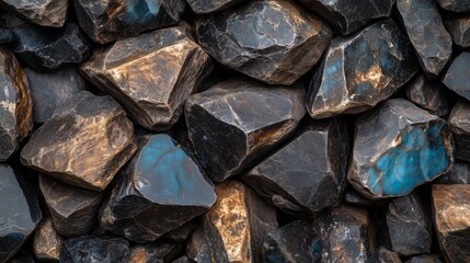 A pile of rocks with a blue stone in the middle. The rocks are black and brown