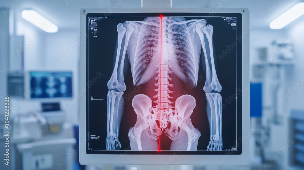X-ray image of a human skeleton showing the spine and pelvis in detail ...