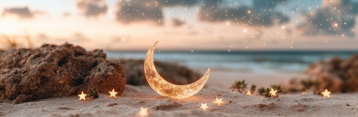 Canvas Print - a lit up crescent moon on a beach. there are also stars around it. the moon is on the sand