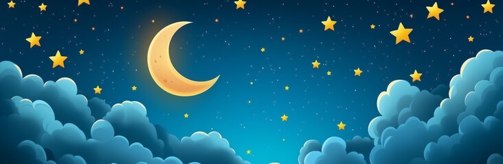 Wall Mural - a starry sky with a large crescent moon. the moon is in the middle of the sky and surrounded by star
