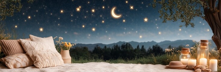 Wall Mural - a blanket is spread out on the grass with a tree in the background. there are candles and lanterns l