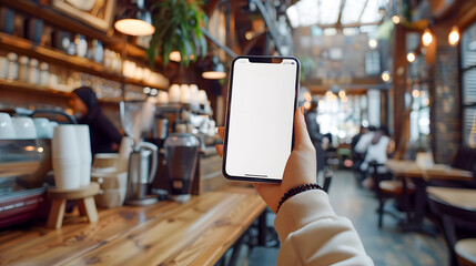 Mockup woman's hand holding using smart phone with white blank screen at coffee shop, mobile app design and advertising, online marketing