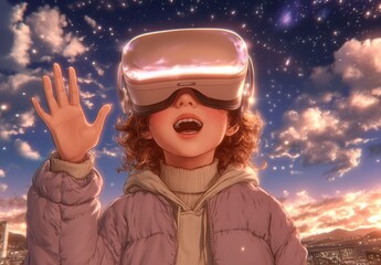 A girl wearing a purple jacket is wearing a virtual reality headset. She is waving at the camera