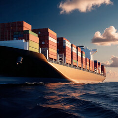 Loaded container cargo ship traveling over open ocean, different angle view photography