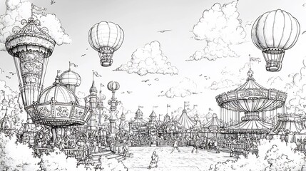Poster - Whimsical handdrawn black and white illustration of a carnival scene with rides balloons and people enjoying themselves designed for kids to color and experience fun