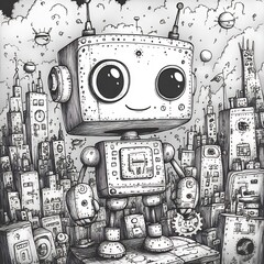Poster - Whimsical handdrawn black and white illustration of a busy robot with gears and gadgets designed for kids to color and spark their creativity