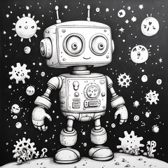 Fototapete - Whimsical handdrawn black and white illustration of a busy robot with gears and gadgets designed for kids to color and spark their creativity